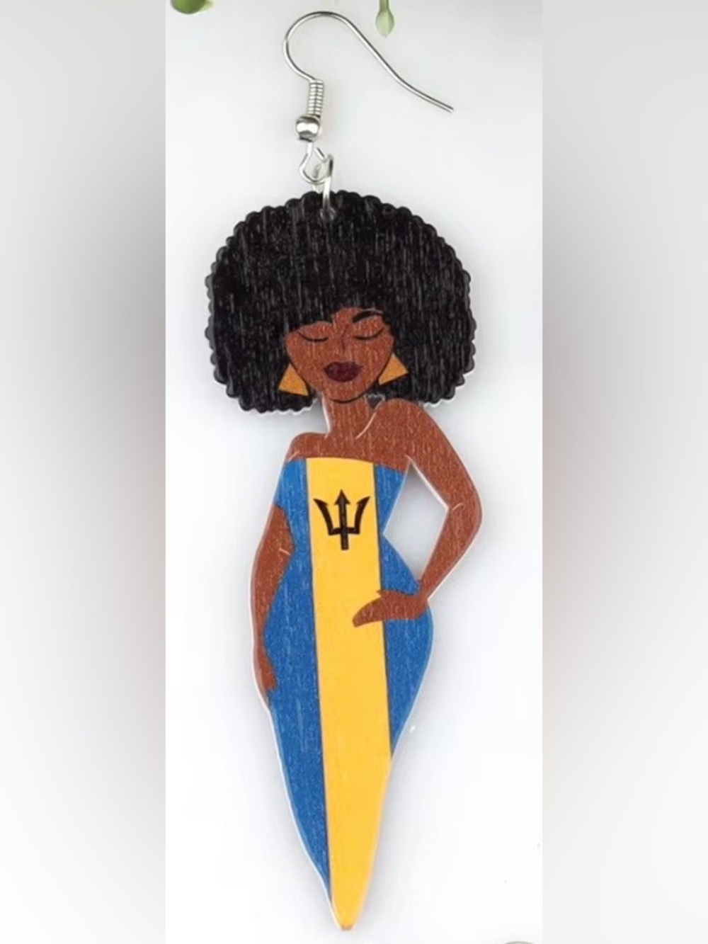 Barbados Flag Afro Wooden Dangle Earrings | Statement Earrings